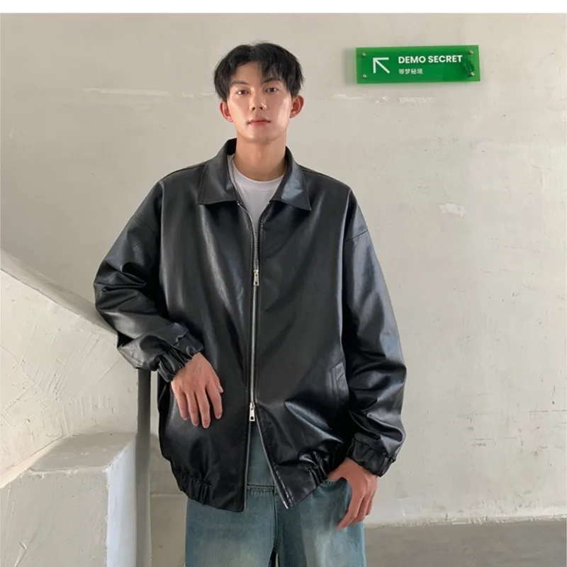 Autumn Vintage PU Leather Jacket Men Solid Collar Turn-down Collar Jackets Mens Biker Fashion Motorcycle Causal Coat 5XL-M