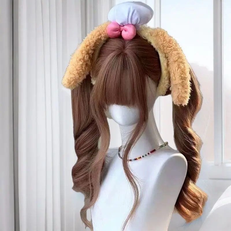 ‌ フレンチカーリーロリータウィッグ - チェスナットブラウンヘア、エアバング付き、JK女子高生ツインテール、フルヘッド合成コスプレヘア