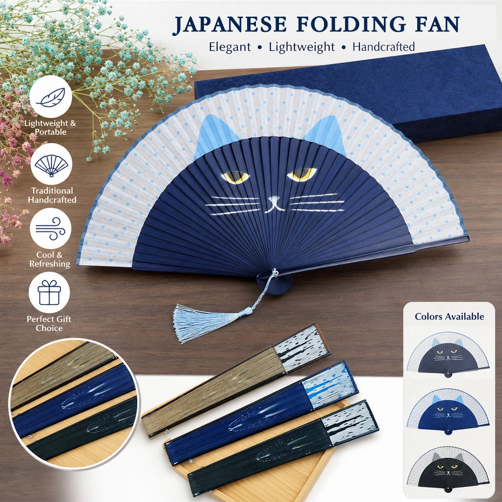 Japanese Style Folding Hand Fan for Women, Cat Pattern Bamboo Silk Fan, Great for Cooling Decor Party Church Wedding Gift - view 4