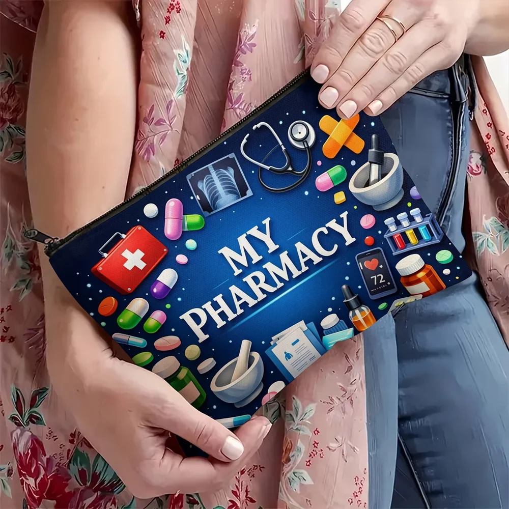 Stylish pharmacy printed cosmetic bag with zipper closure. Stores cosmetics, toiletries, sunscreen and pills. Perfect travel com
