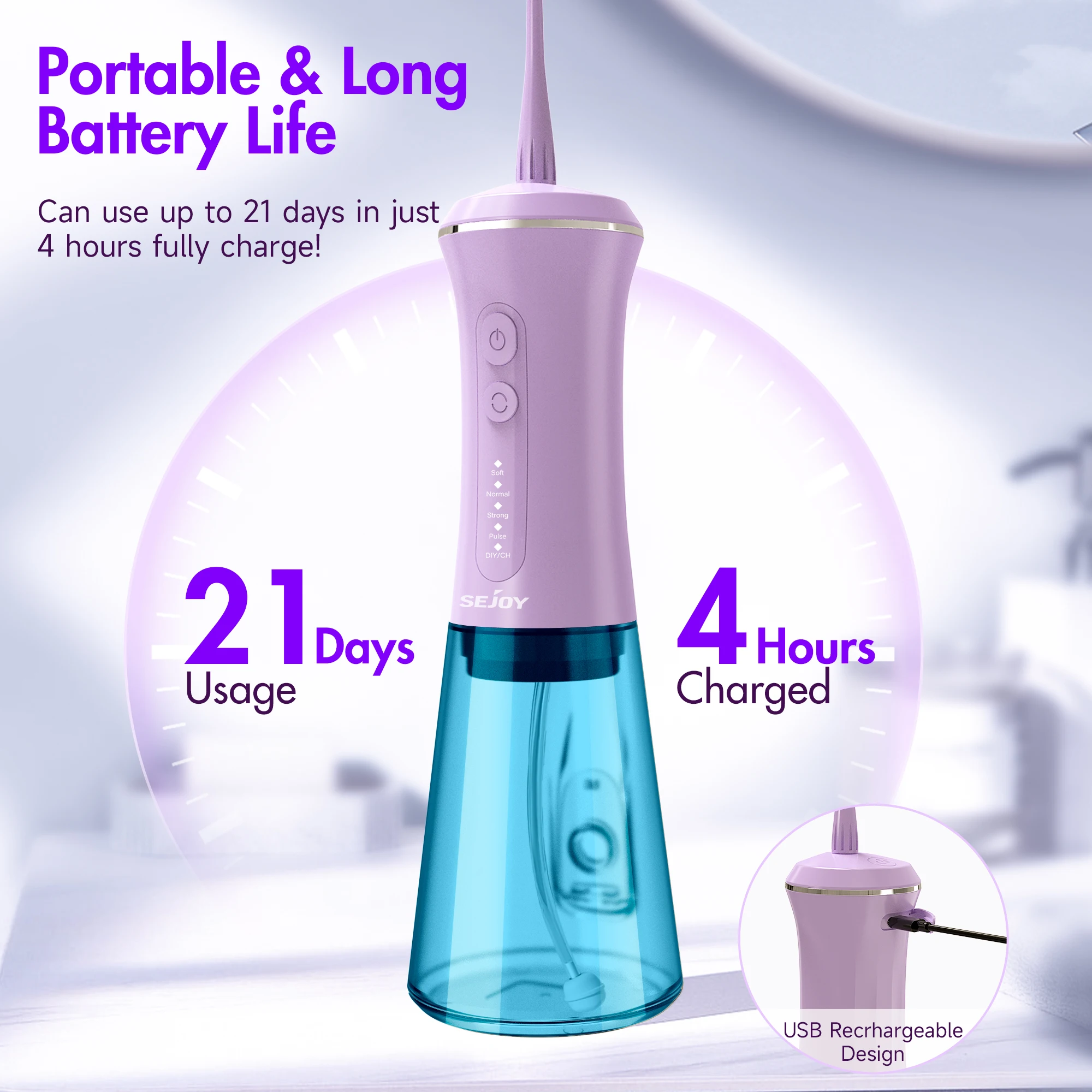 Sejoy Portable Oral Irrigator Rechargeable Dental Water Flosser 7 Nozzles Water Jet 350ml Water Tank 5 Modes Waterproof IPX7