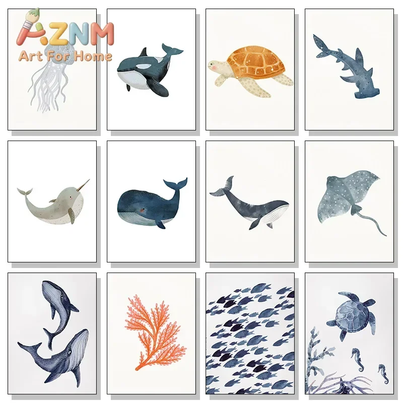 Ocean Animal Shark Turtle Dolphin Whale Fish Poster Watercolor Canvas Painting Print for Wall Living Room Nursery Home Decor