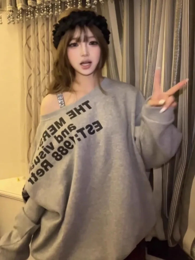 2024 Y2k Aesthetic Diamond Skew Collar Pullover Women Gray Letter Printing Streetwear Jumper Harajuku Oversized Knitwear Sweater