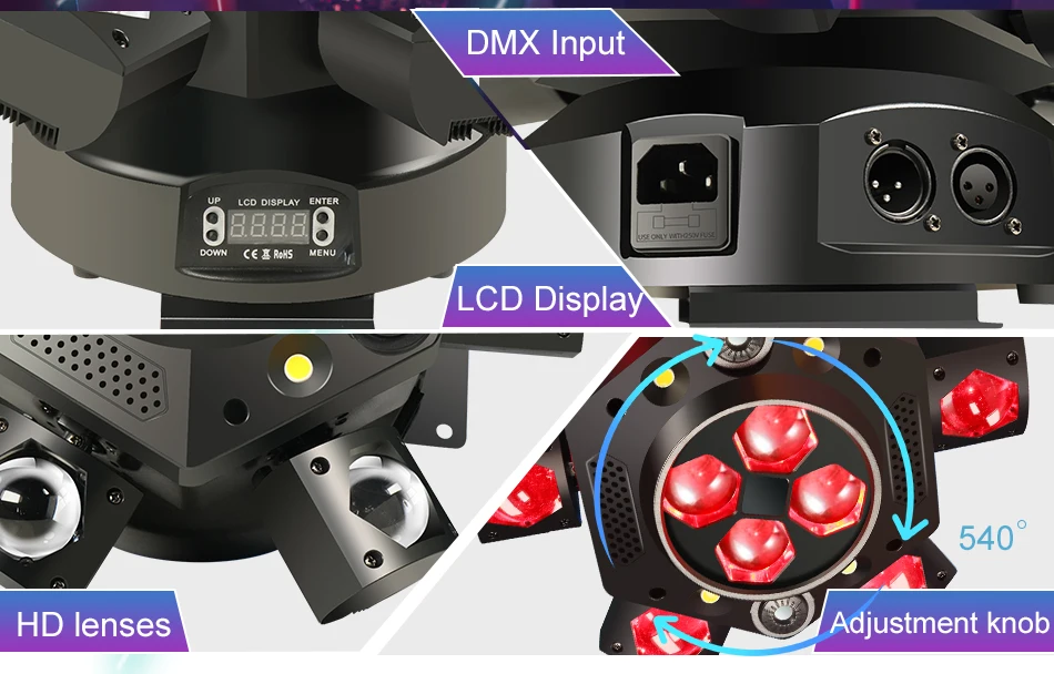 2-8pcs 10X10W RGB 6 Head Moving Head Beam Light RGB Laser Strobe Light DMX Stage Light RGB Beam Light Rotating Disco Party Bar