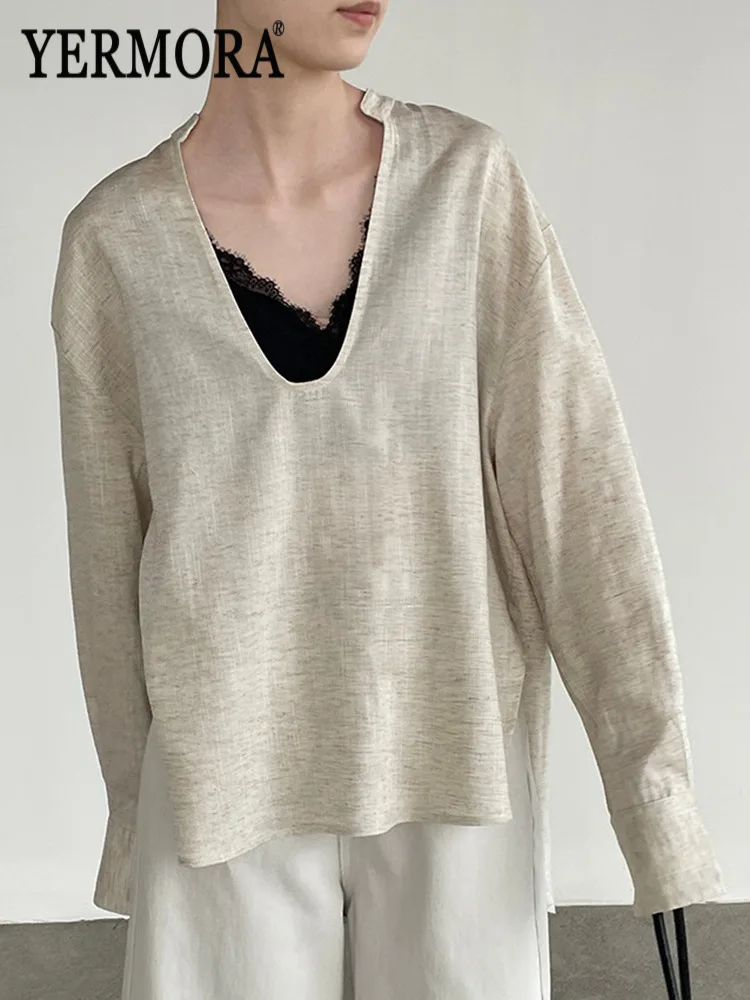 

YERMORA Белая льняная повседневная блузка для женщин с V-образным вырезом, длинным рукавом, свободного кроя, новая модная рубашка, тренд Весна-Лето 2026