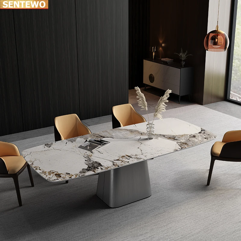 Luxury Marble Rock Slab dining table set 4 chairs mesa de jantar comedor a manger sillas tisch tablo furniture Carbon steel base