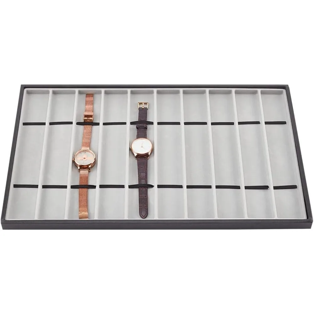 Bandeja organizadora de joyas gris oscuro de 10 rejillas, escaparate de reloj apilable con interior de terciopelo, cajas de almacenamiento de relojes de cuero de imitación