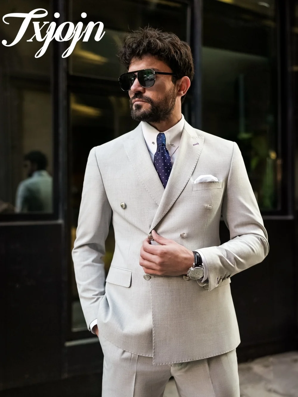 Charming Beige Double Breasted Men Suit Set 2pcs Classic Slim Fit Men Suit For Best Man Performance Suit Trajes For Hombre
