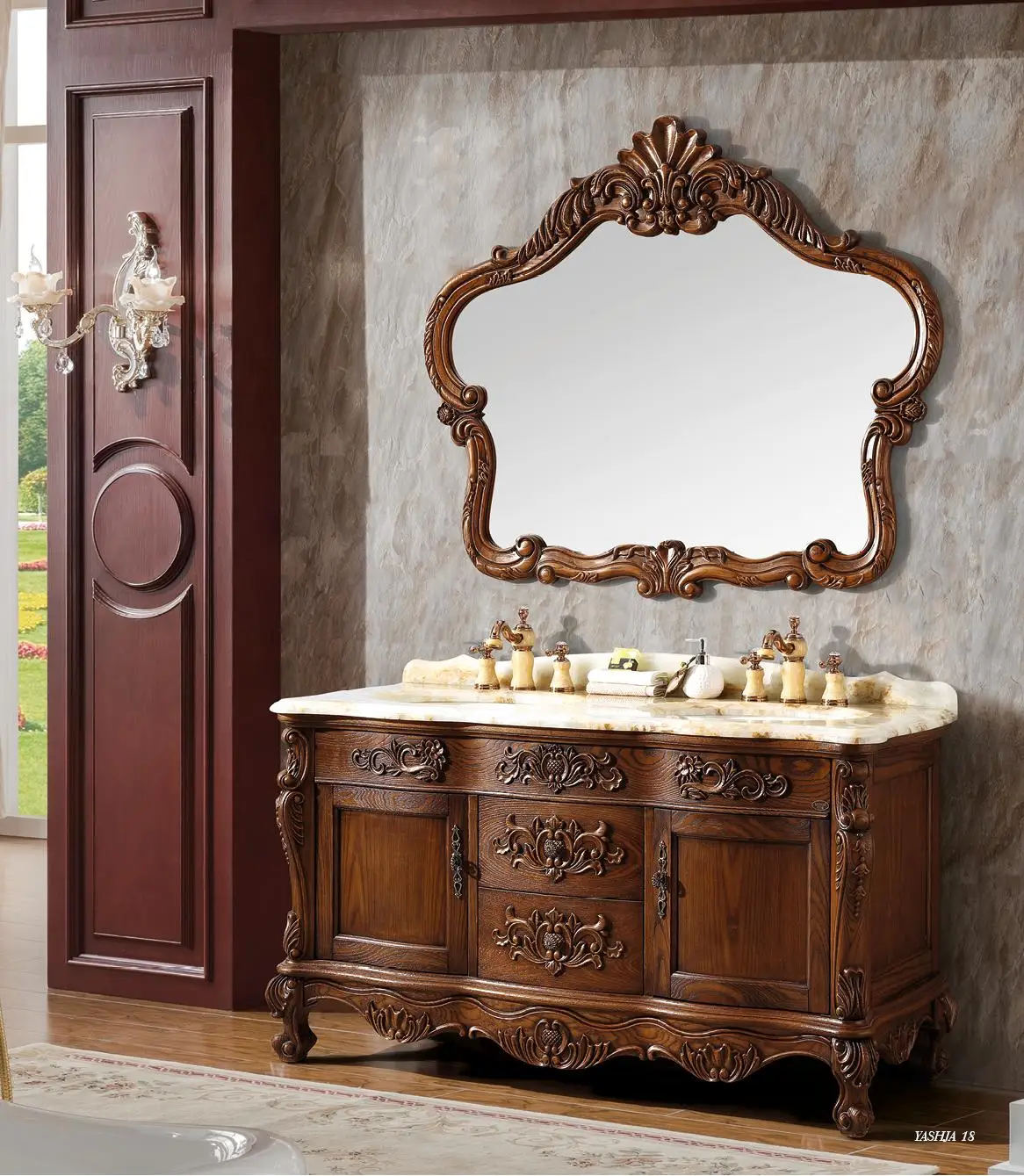 European Design Solid Wood Vanity Sink Cabinet Ceramic Floor Mounted Bathroom Mirror Unique Wooden Panel Lacquer Wash Basin Sets