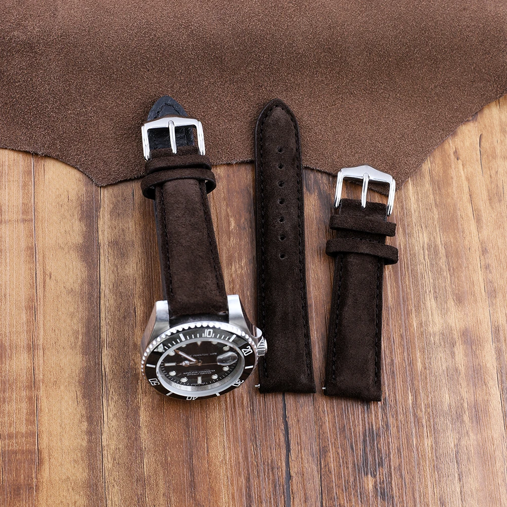 Genuine Suede Leather Watch Strap Vintage Coffee Watch Band 16mm 18mm 20mm 22mm With Quick Release WatchBand Wristband Accessori