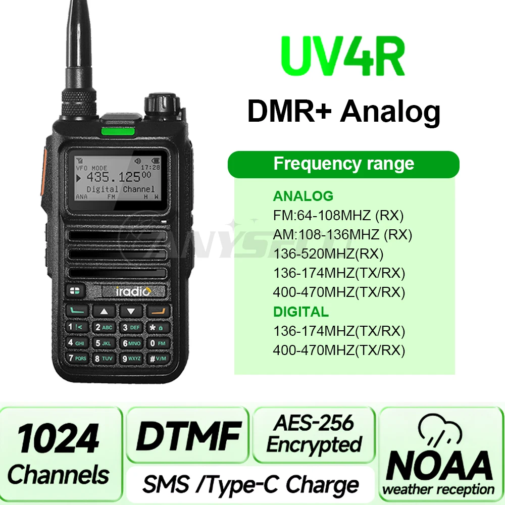 Iradio DM-UV4R 5W 1024CH DMR Digital Analog Walkie Talkie AES-256 Encryption SMS 3500mAh  Dual Mode Dual Time Slot