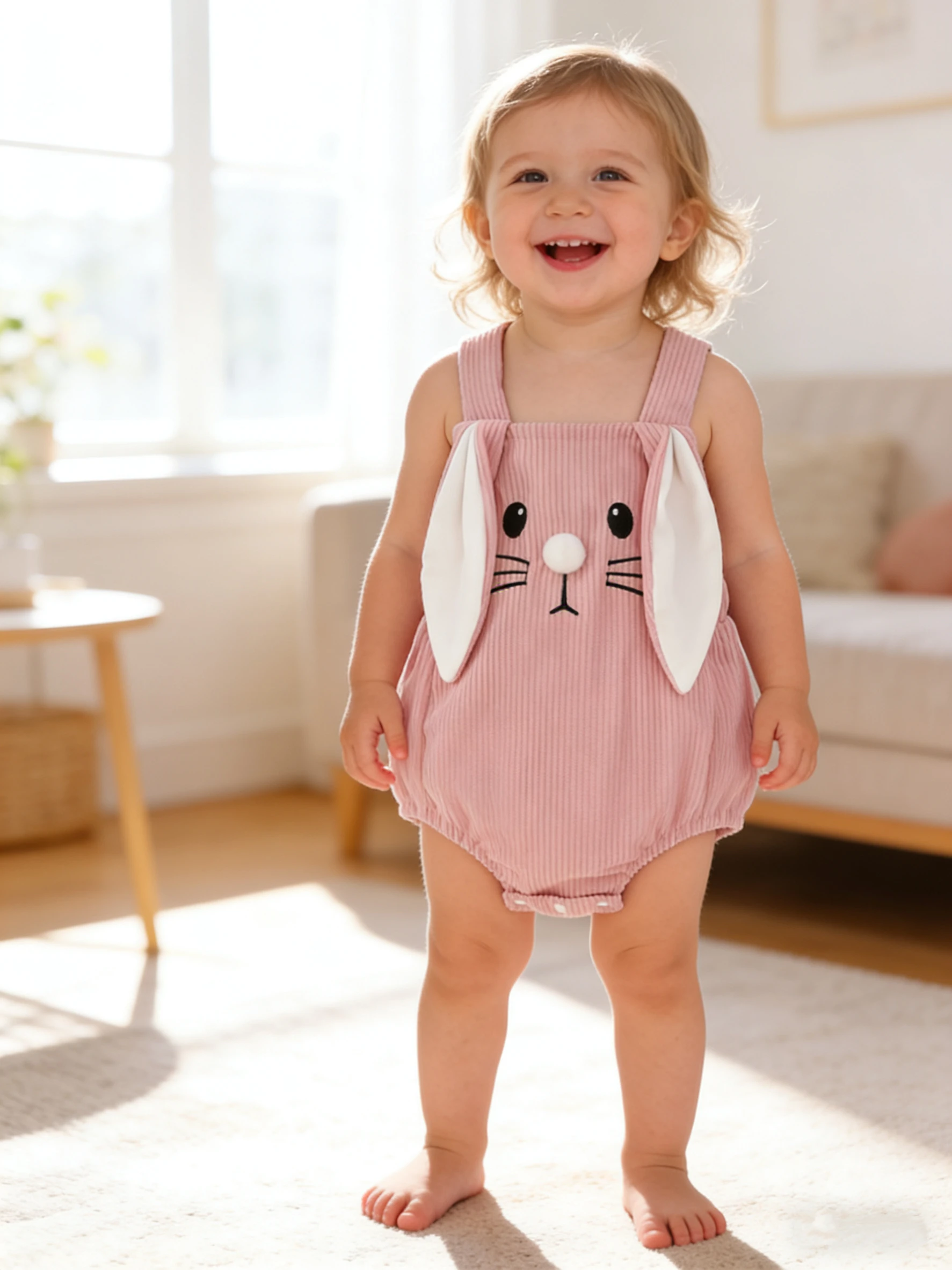 Niedlicher Hasen-Strampler für Babymädchen, Weiche Rosa Pompon-Nase, Handbemalte Bestickte Merkmale, Neugeborenen-Oster-Fotoshooting-Outfit