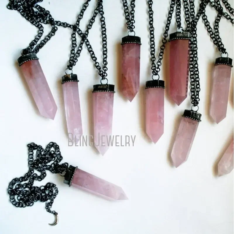 10pcs Rose Quartz Crystal Obelisk Pendulum Talisman Necklace Women Boho Hippie Beach Witch Goth Chain Stainless Steel Jewelry