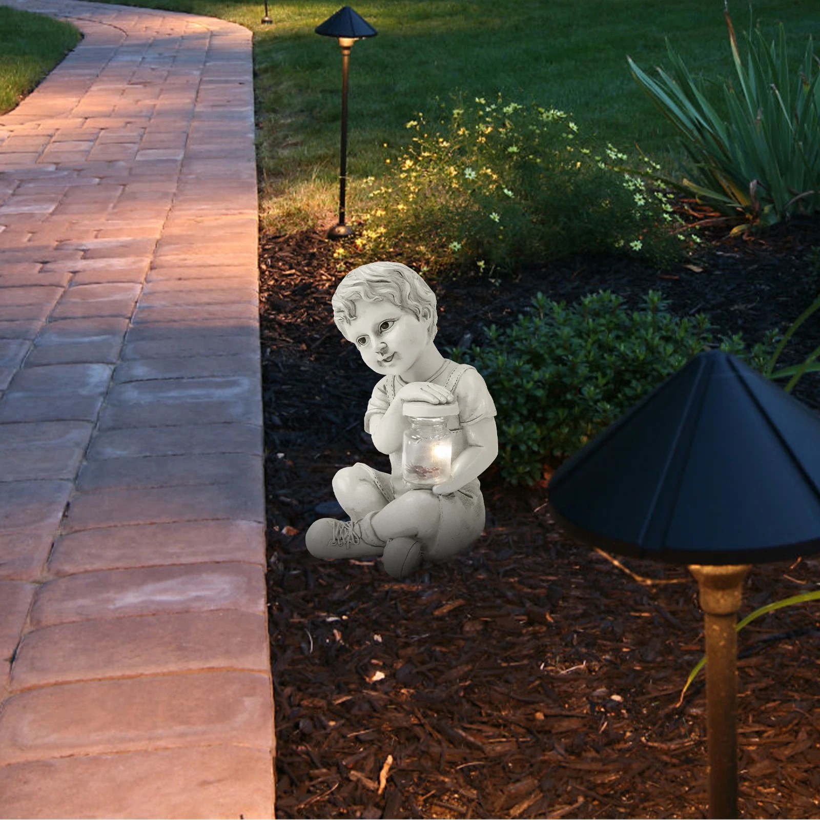 

Resin Garden Elf Statue Solar Powered Outdoor Decorative Lawn Ornaments Kids Holding Jar Insect Statue Weather Resistant Garden
