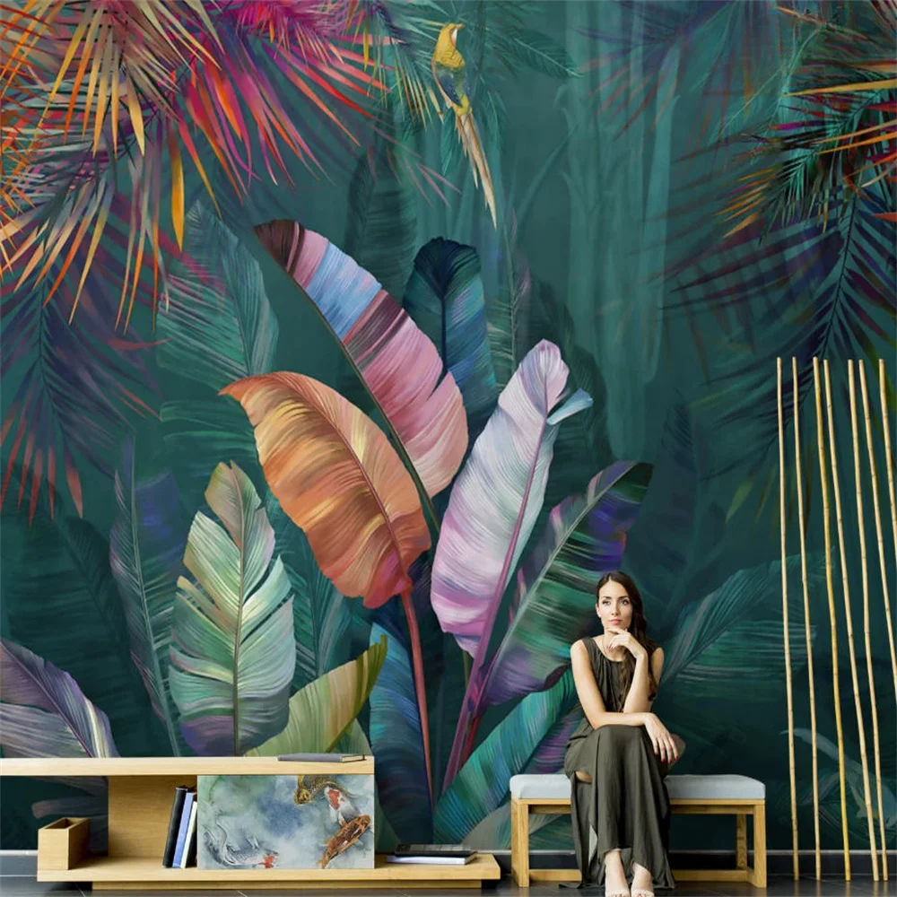 Customized Nordic style Southeast Asia banana leaf tropical rain forest plant wallpaper living room TV wall dining room mural