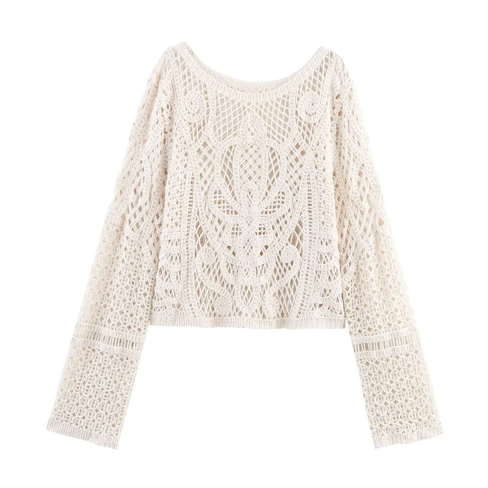 

Zach Ailsa Women's Summer New Product Loose Casual Simple Hollow Fashion Round Neck Long Sleeve Crochet Top