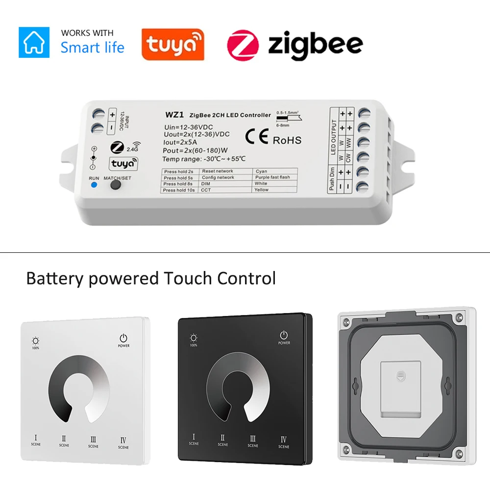 

2in1 Zigbee LED Controller 12V 24V Dimmer CCT WWCW Strip Light Control 2.4G RF Touch Remote Tuya Smart Life APP for Alexa Google