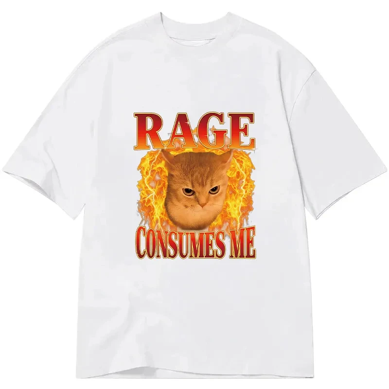 Angry Cat Meme T-Shirt Men Women Funny Fire Graphic Print Oversized Casual Streetwear Humorous Short Sleeve Tee Tops