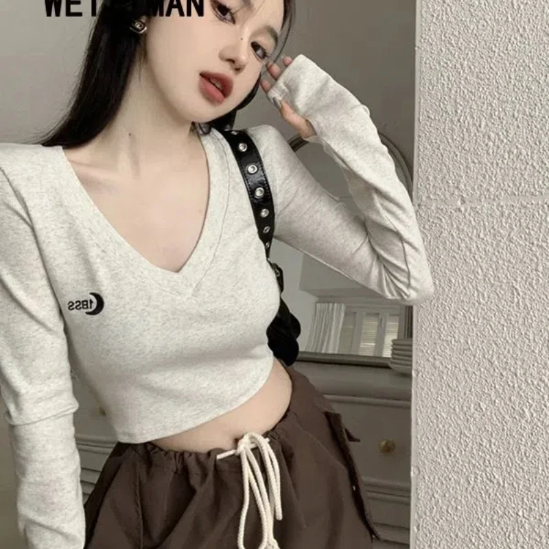 

Weiziman Korean Version Interior Design with Pure Desire Ins Embroidery T-shirt Women's Casual Base Shirt Short Long Sleeved Top