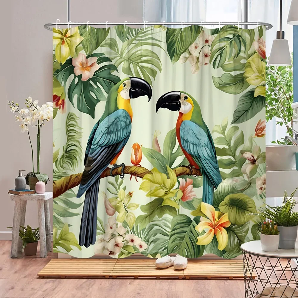 Parrot Shower Curtain Toucan Tropical Plant Animal Flower Leaf Ocean Flamingo Cartoon Polyester Fabric Bathroom Decor Curtains