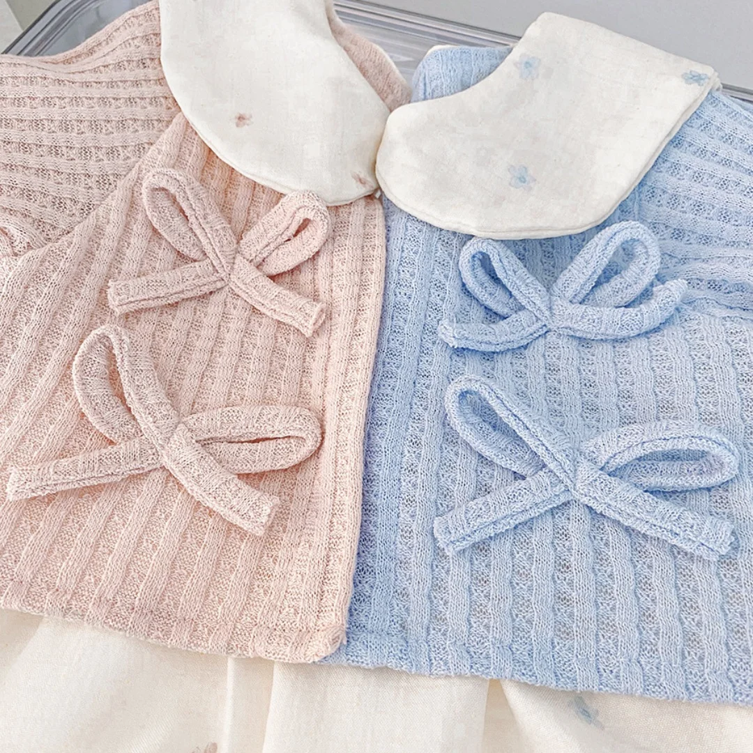 طفلة ملابس الربيع والخريف القوس دمية طوق وهمية قطعتين طويلة الأكمام الفتيات فستان لطيف بسيط طفلة فستان #5