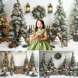 Winter Christmas Background Pine Trees Lanterns Wooden Fence Evergreen Branches Snowflake Baby Background Photo Studio Photocall