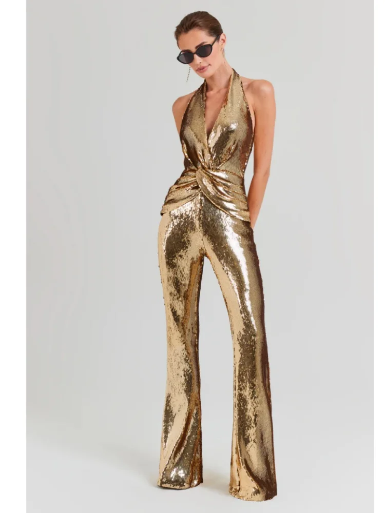 Summer New 2024 INS Women Sexy Glitter Sequins Gold Bodycon Jumpsuit Celebrity Designer High Street Boot Cut  Rompers