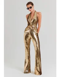 Summer New 2024 INS Women Sexy Glitter Sequins Gold Bodycon Jumpsuit Celebrity Designer High Street Boot Cut  Rompers