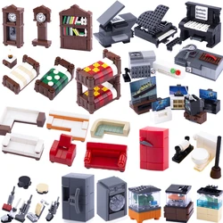 MOC City Creative House Furniture Figures Building Blocks Bed TV Sofa Bookcase Clock Fish Tank Fridge Accessory Bricks Kids Gift