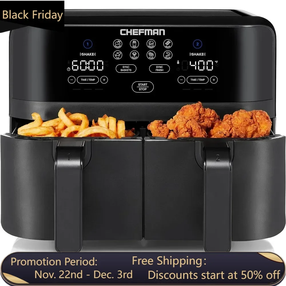 

Dual Air Fryer, With Double Basket Capacity, One-Touch Digital Controls And Shake Reminder For The Perfect Crispy