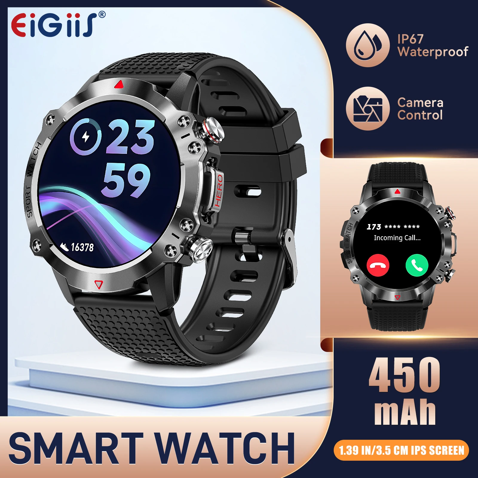 

EIGIIS новые военные умные часы для мужчин 1,39 "HD Bluetooth Call Smartwatch IP68 водонепроницаемые фитнес-трекер часы с пульсометром