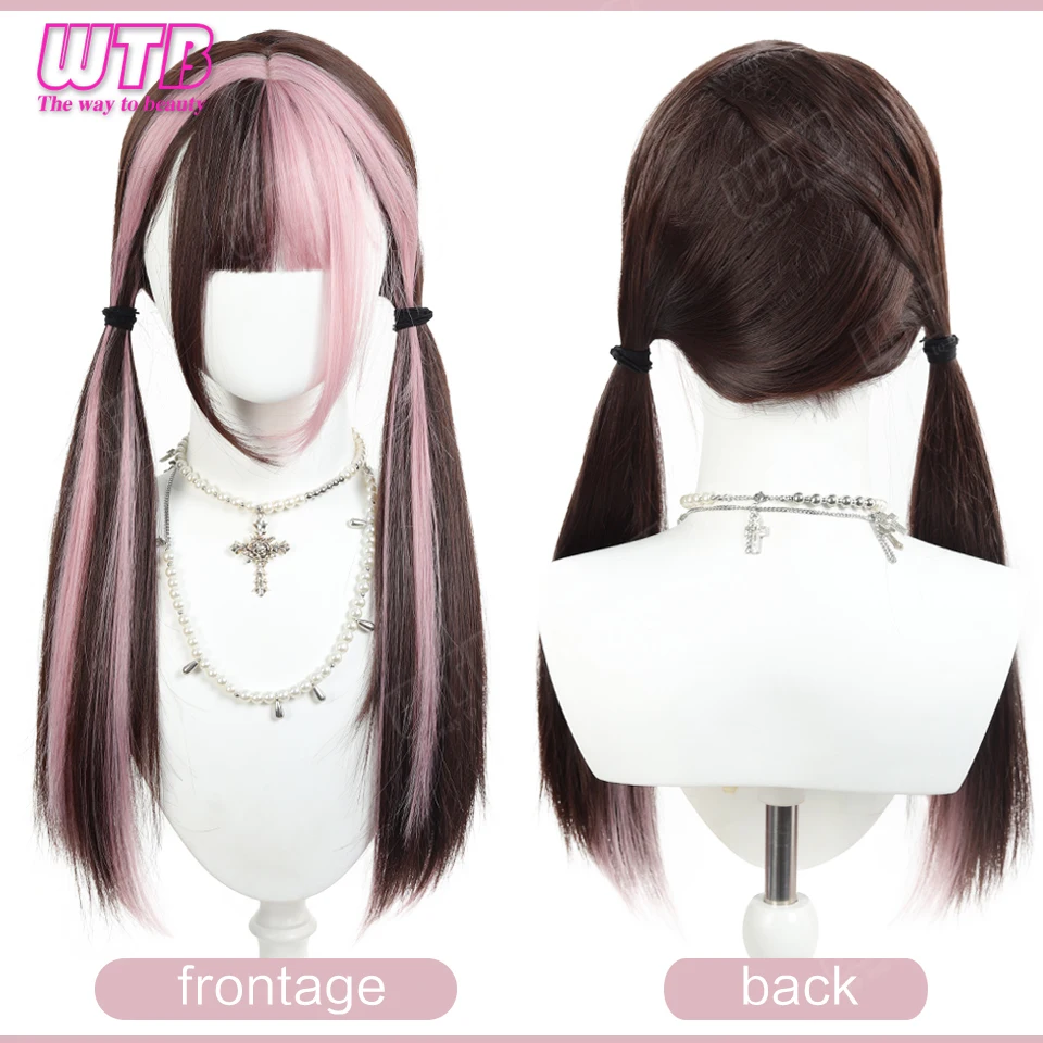WTB Pink Highlighted Synthetic Lolita Wig for Women Long Straight with Bangs Suitable for Everyday Wear Holidays and Cosplay