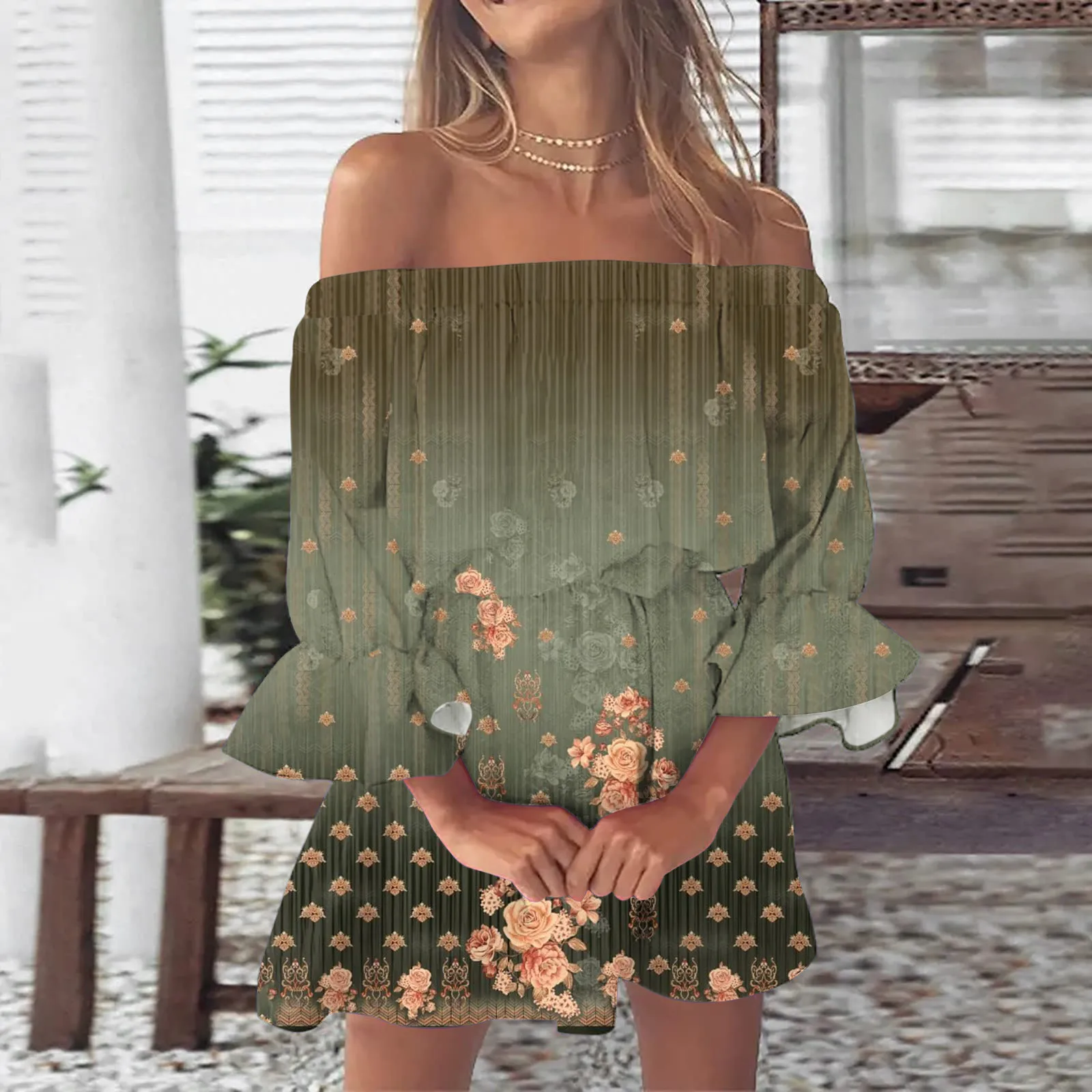 Vestidos florales bohemios para mujer, vestido túnica Sexy con hombros descubiertos y manga con volantes, Mini vestido veraniego informal para playa 2024