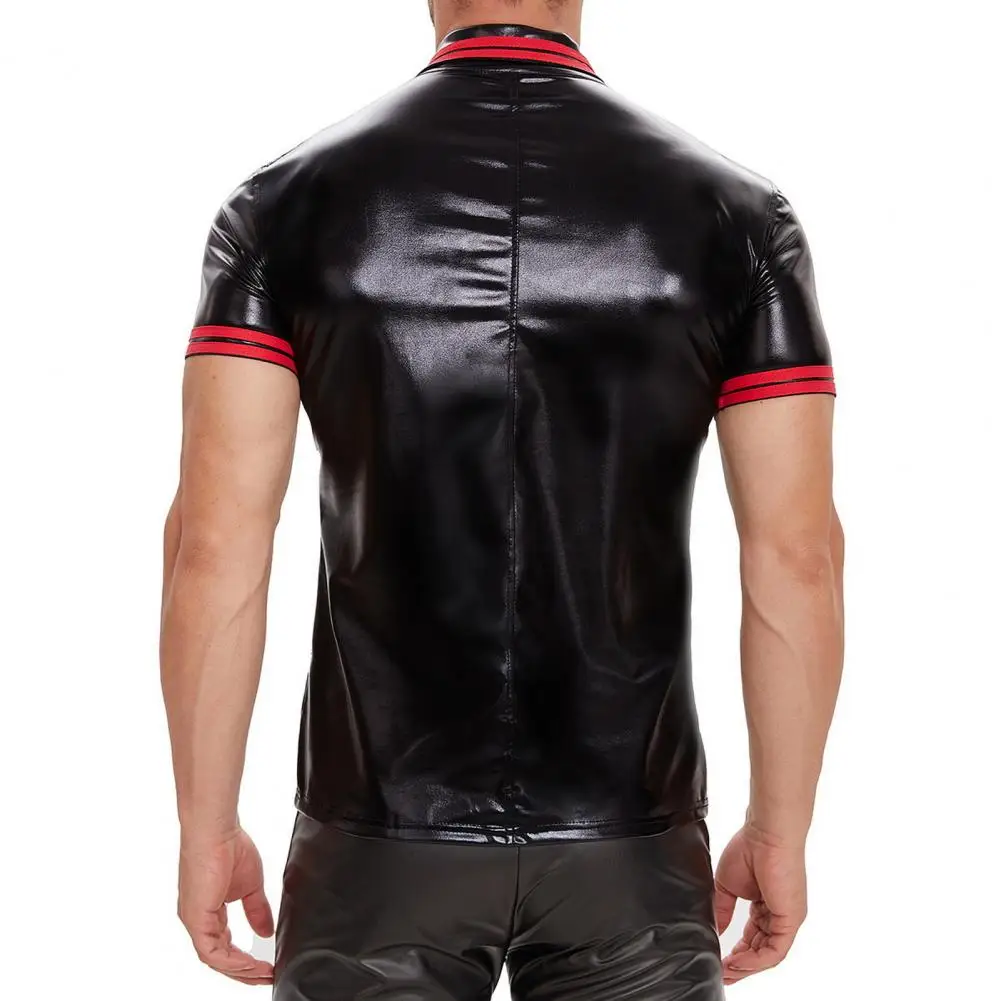 Faux Leather Shirtfor Men Summer Top Plus Size Short Sleeves Slim Mid Length Club Party Performance Shirt