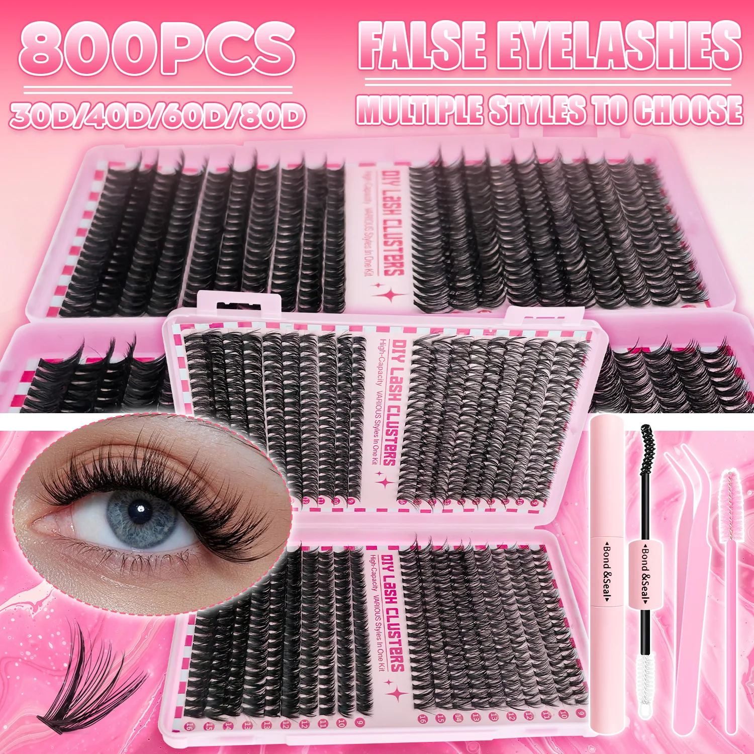 Kit de extensiones de pestañas DIY 3040506080D pestañas coloridas D rizo grupos de pestañas, 9-16mm mezclado, pestañas naturales esponjosas Extra gruesas