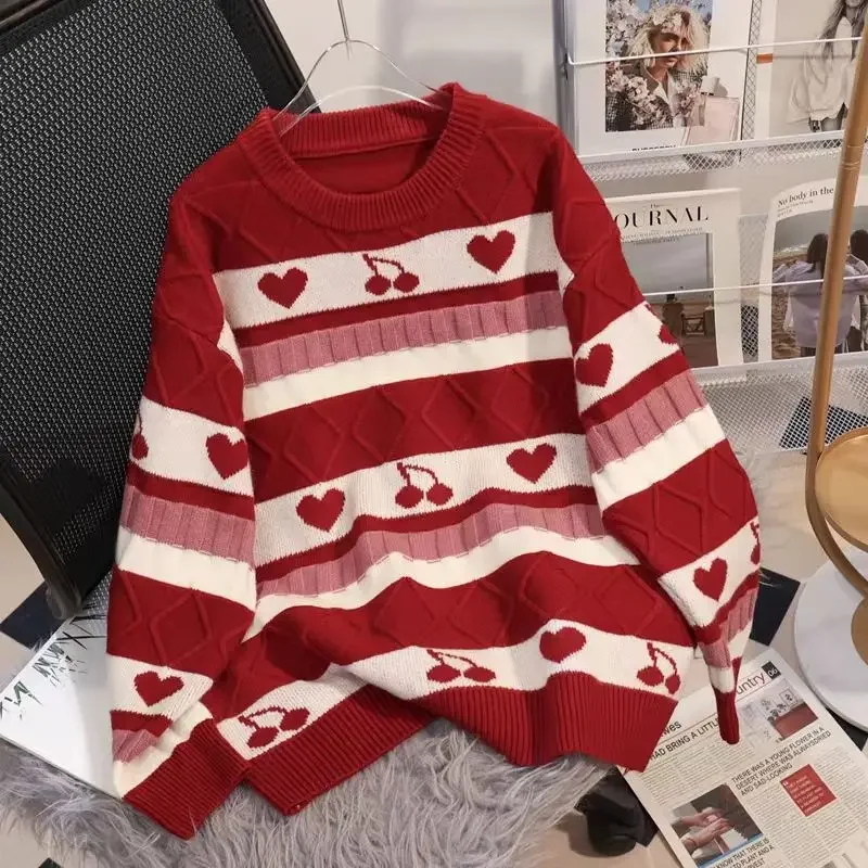 DAYIFUN Round Neck Cherry Knitted Pullovers Women Long Sleeve Underlay Sweaters 2023 Autumn/Winter Casual Loose Jumpers Female