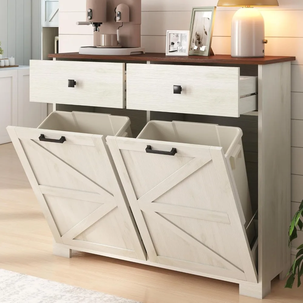 

Double Tilt Out Trash can Cabinet, 20 Gallon Hidden Pull-Out Trash Can Under Cabinet, Kitchen Free Standing Recycling Cabinet wi