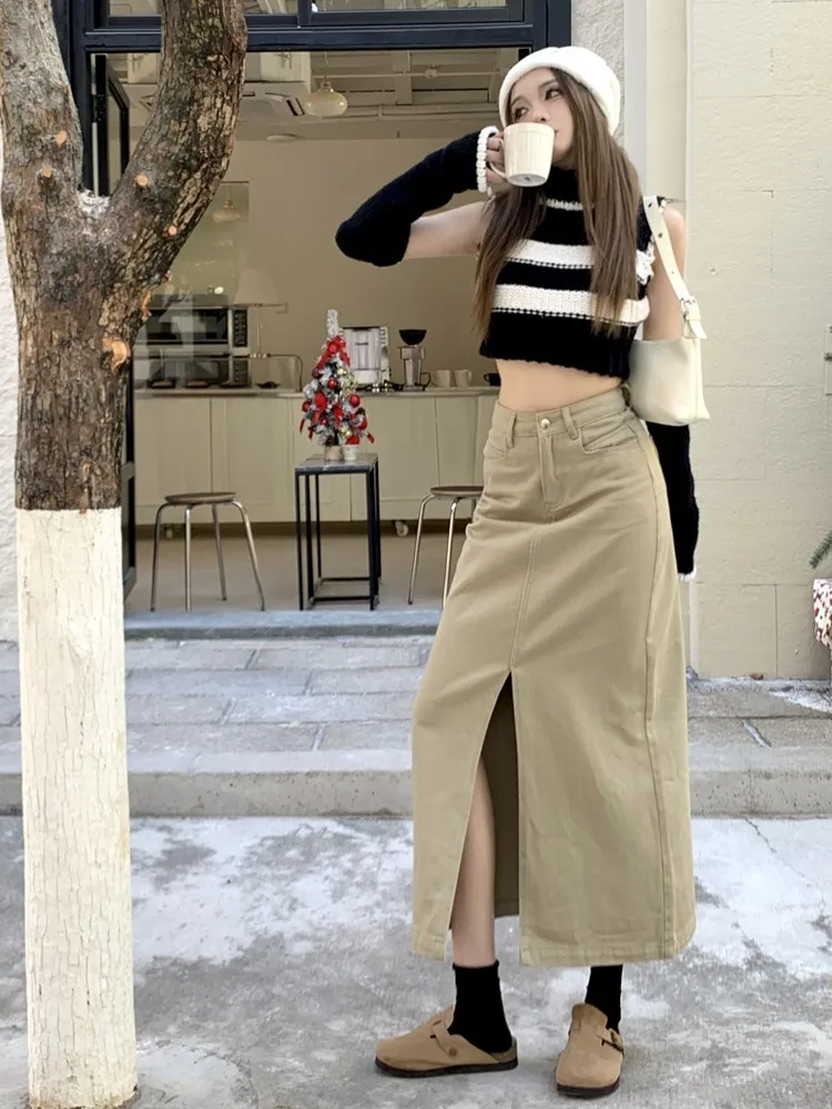 GUUZYUVIZ-Women's Khaki Front Fork Jeans Skirt, Korean Fashion, Elegant High Waisted, Split Denim Midi Skirts, Spring, 2022