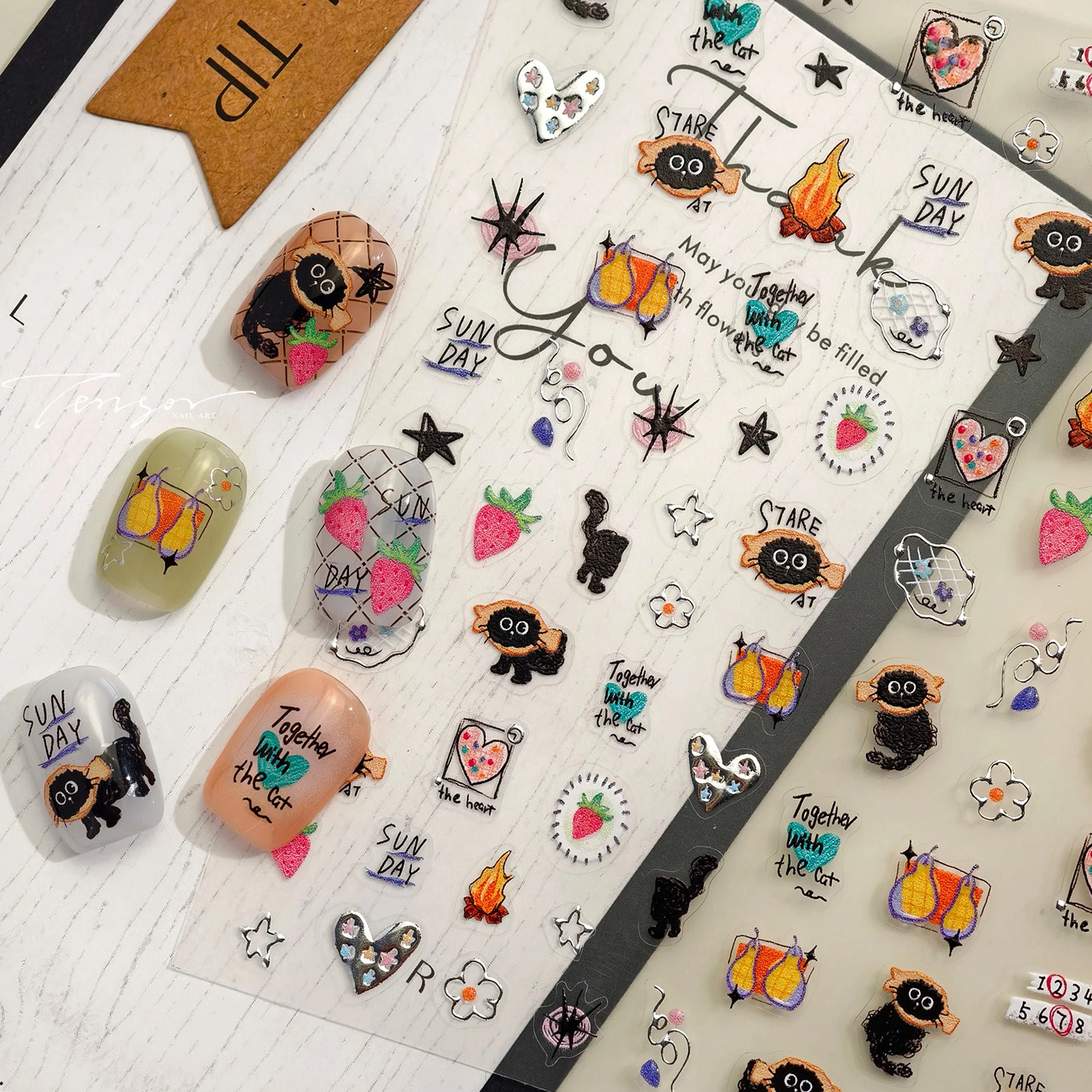 Bellissimo graffiti gatto nero pera fragola amore fiori stella gattino zampa di pesce mela rossa bowknot adesivi per nail art decalcomanie per manicure