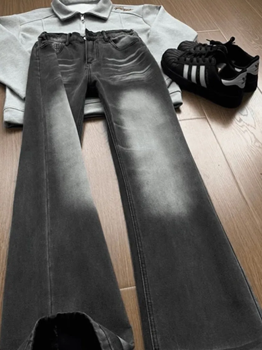 Spring Washed Black Lightning Pattern Men's Micro Flare Jeans Straight Leg Casual Wear Resistant mid Waist Zipper Closure