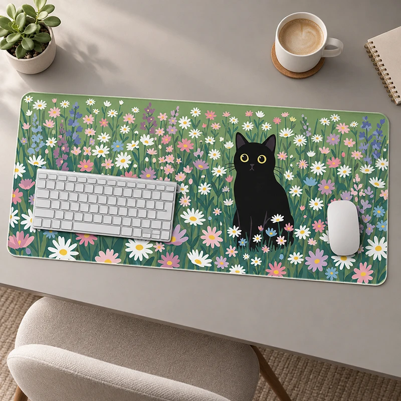 Mouse Pad Black Cat Daisy Garden Gamer XL Custom New Home Mousepad XXL Soft Non-Slip Natural Rubber Gaming laptop Mice Pad