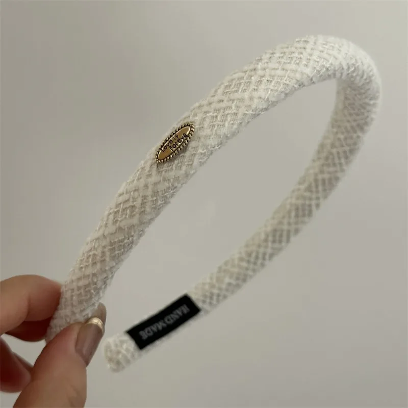 Woolen plaid narrow edition hair band elliptical gold label Korean texture headband hair hoop daily versatile hair accessories