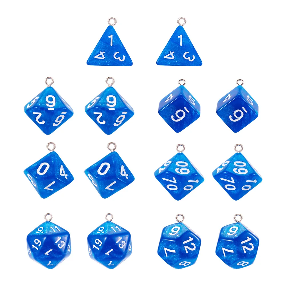 14Pcs Resin Polyhedral Dice Pendants Set Multi-Sided Dice Charms with Iron Loop for Jewelry Making DIY Necklace Keychain Earring