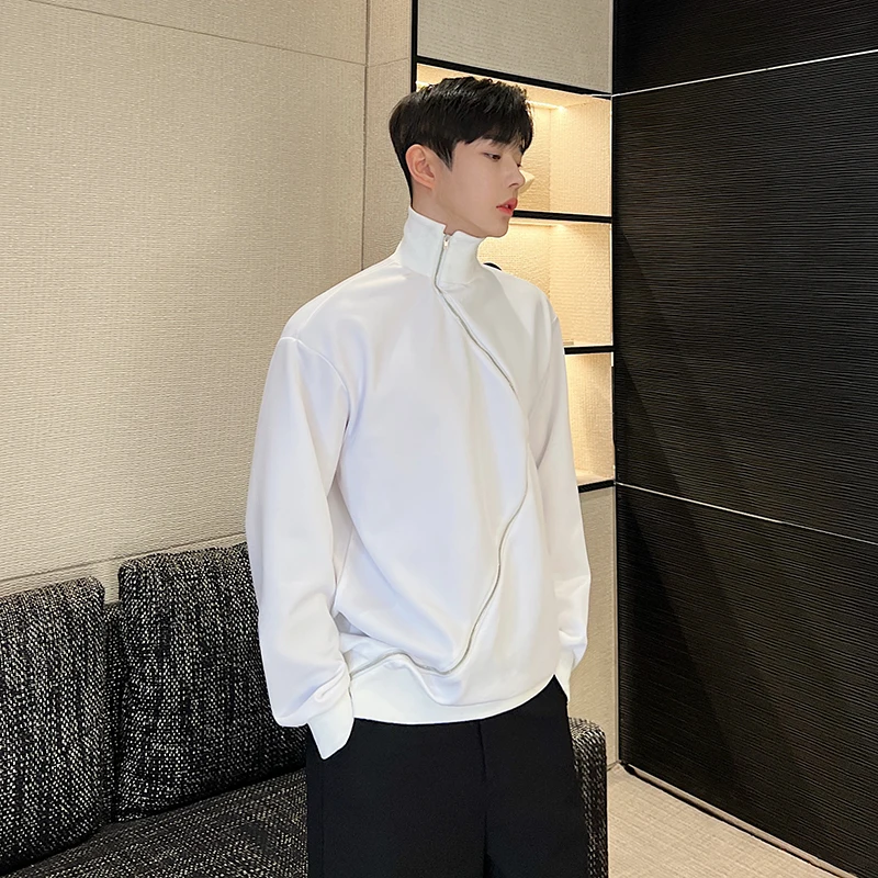 

Spring 2023 Men's High Collar Sweatirt Metal Double Zipper Curved Design Casual Lightweight Luxury Base irt Street Sle