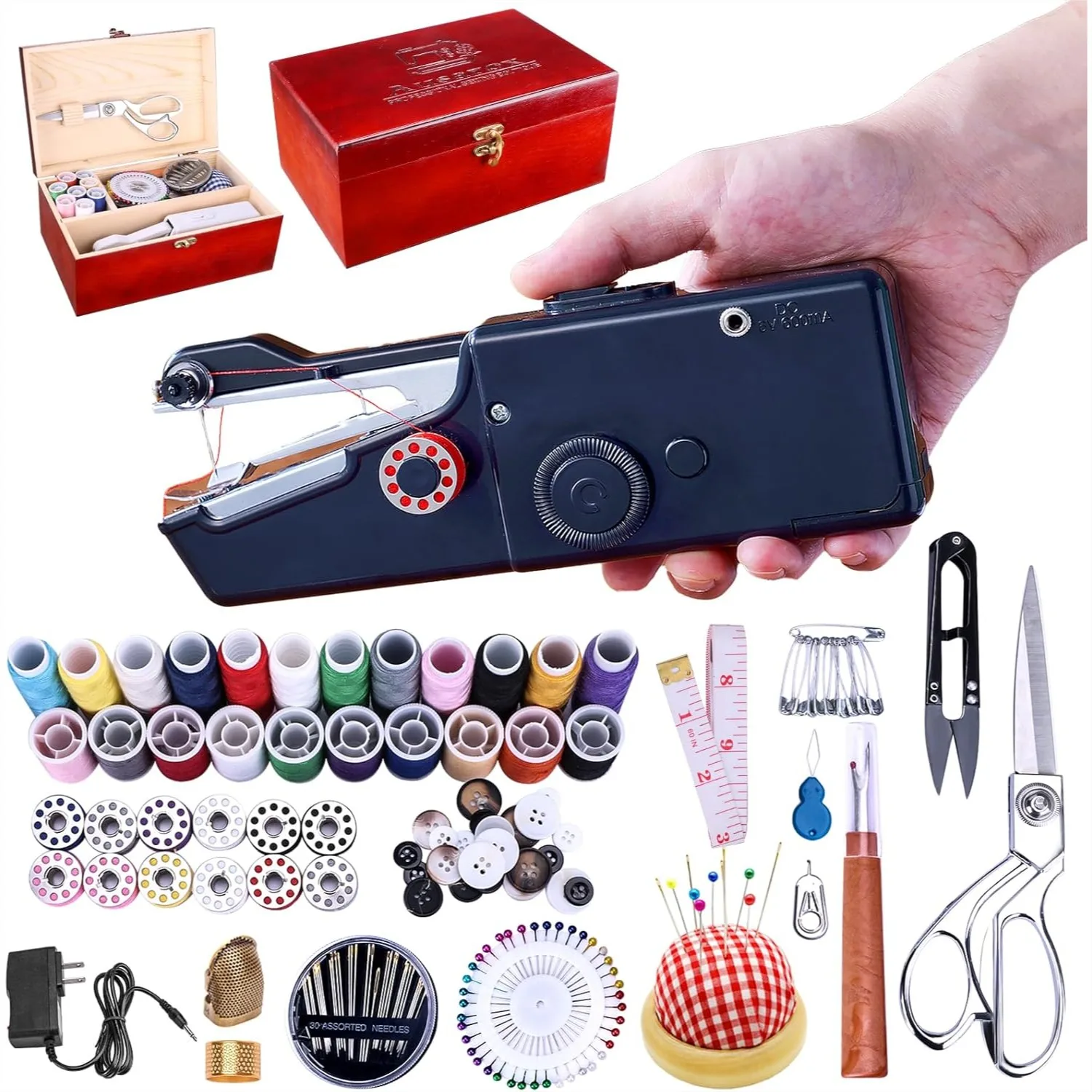

Handheld Sewing Machine with 143-Piece Sewing Kit, Mini Portable Stitching Tool for Adults & Beginners, Includes Wooden Box