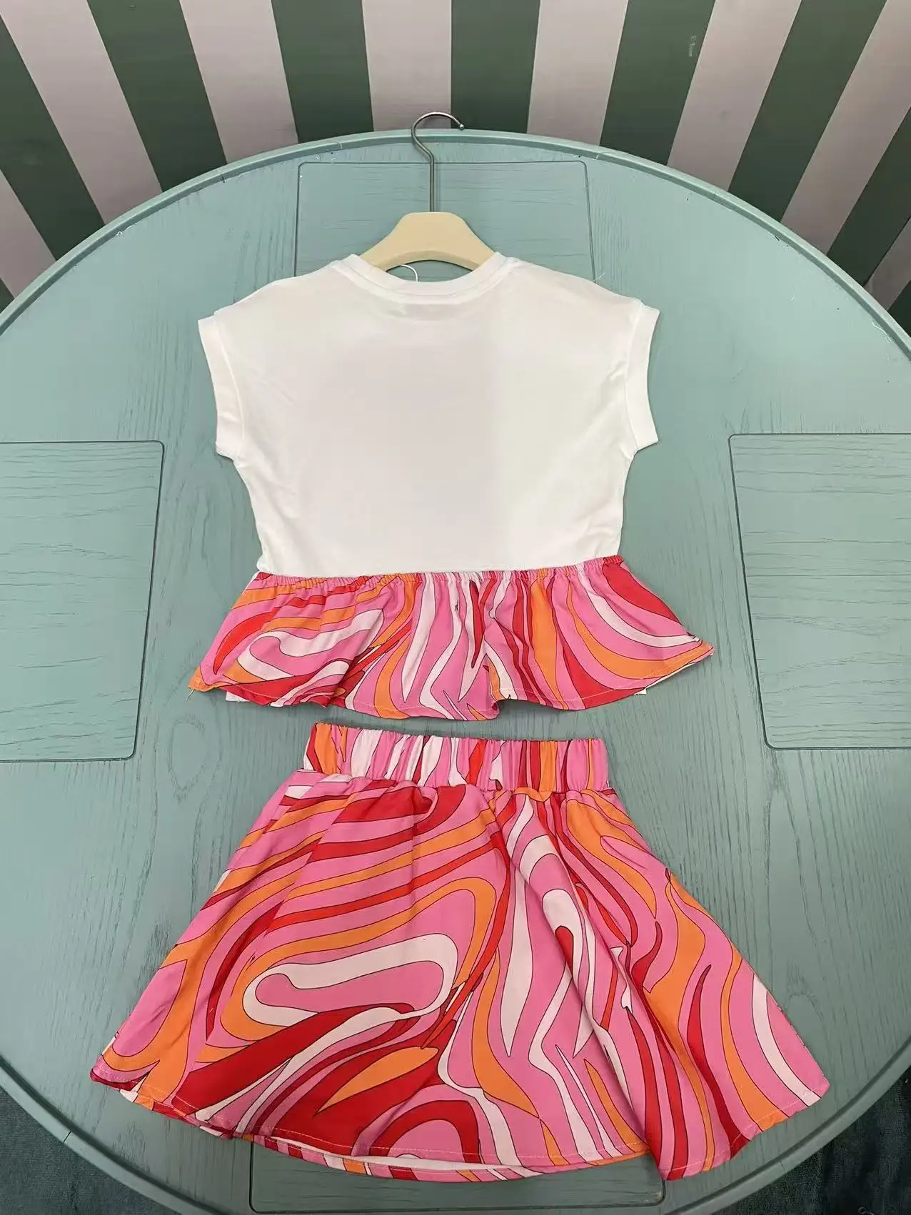2-piece summer new style girls 2-14 years old sweet sleeveless letter printed top+short skirt set, high-quality