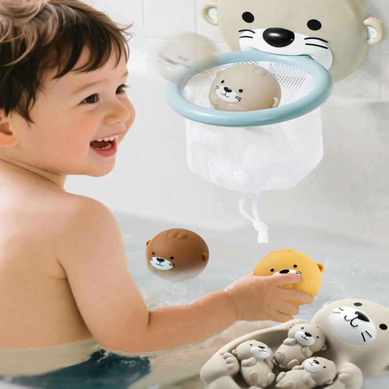 Baby Animal Bath Basketball Hoop Toy Set For Toddlers Floating Baby Bathtub Toys with Balls Net Organizer Game Set For Kids Gift