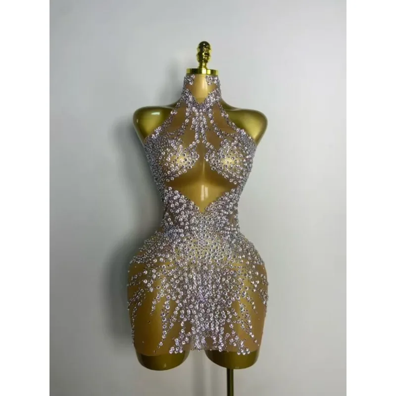 Estoque cantor dançarino mostrar palco wear strass brilhantes sexy malha ver através do vestido festa de formatura celebrar aniversário vestido