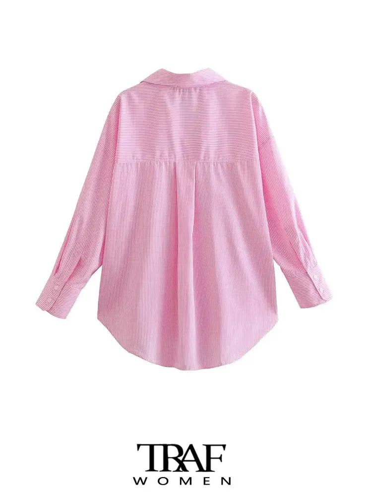 TRAF-Striped Loose Shirts With Pocket for Women, Long Sleeve, Button-up, Chic Tops, Casual Female Blouses, Fashion