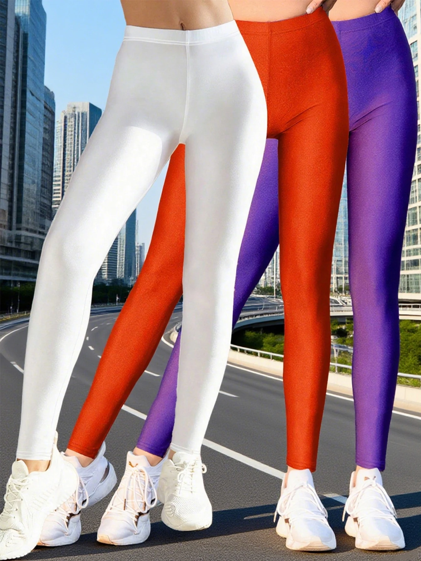 

New Spring And Summer Stretch Waist Polyester Glossy Nine-inch Pants In Colorful Dark Blue Casual Base Set Of Three Pieces